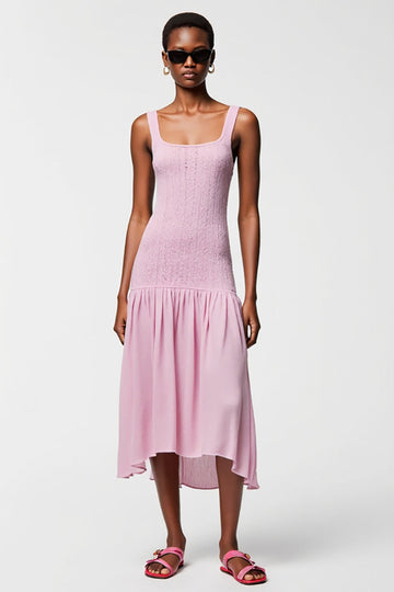 Robe midi à col carré rose